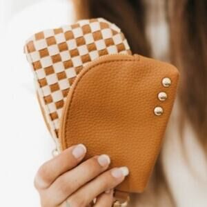 Wonderlust Woven Dual Pouch Wristlet Brown Checkered